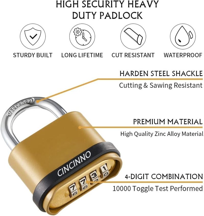 CINCINNO 4 Digit Combination Lock, Outdoor Combination Padlock with Hardened Steel Shackle,Locks with Code for Sheds, Fence, Storage Unit and Gate - Image 1